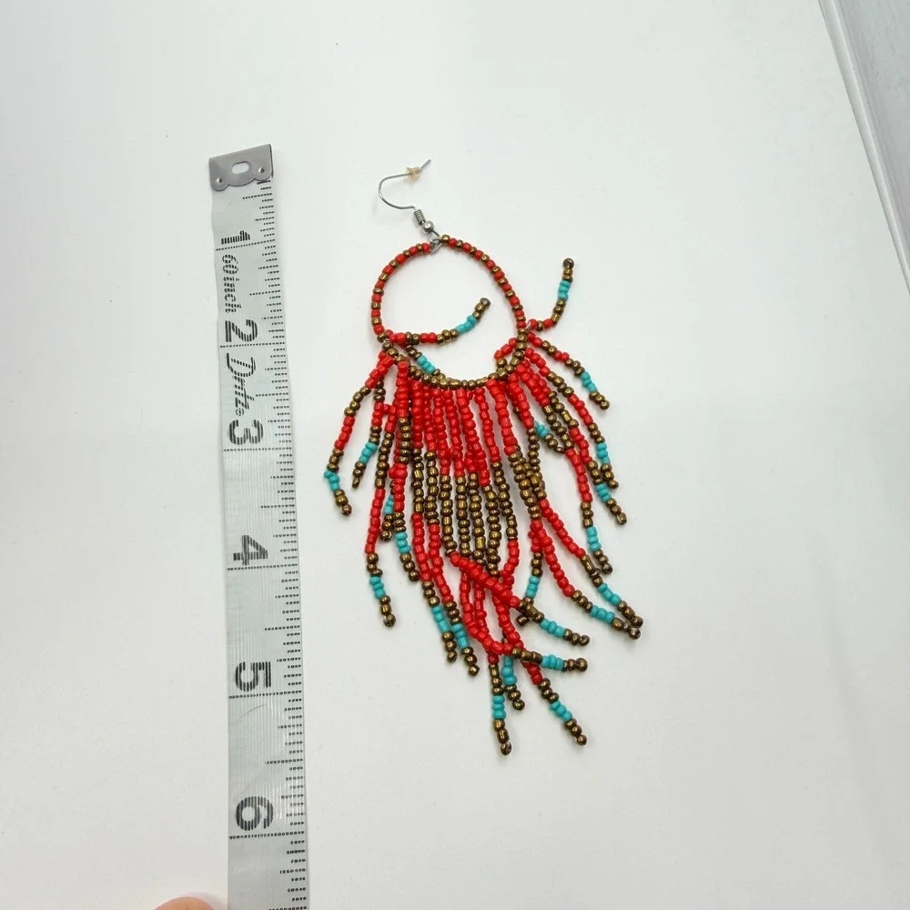 VTG Beaded Fringe Hoop Earrings Coral Red Turquoise Tone Festive Southwestern